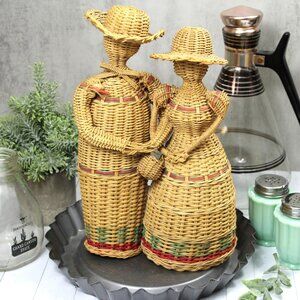 Vintage Woven Wicker Man and Woman: Rattan Vintage Couple with Hats and Basket